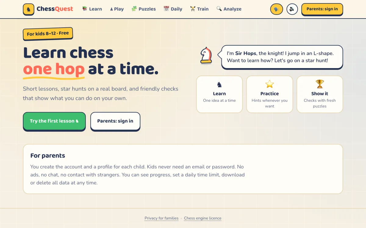ChessQuest — learn chess step by step, for kids