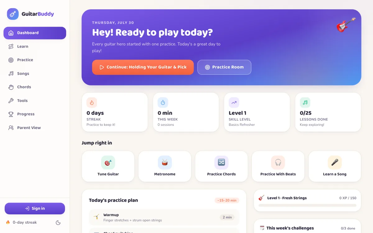 GuitarBuddy — daily guitar practice companion